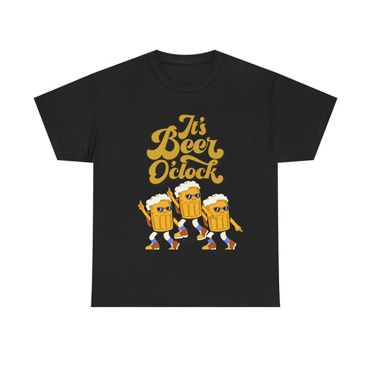 Funny Beer Cartoon Unisex Heavy Cotton Tee - 'It's Beer O'Clock'