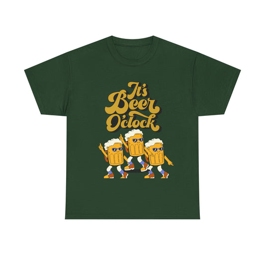 Funny Beer Cartoon Unisex Heavy Cotton Tee - 'It's Beer O'Clock'